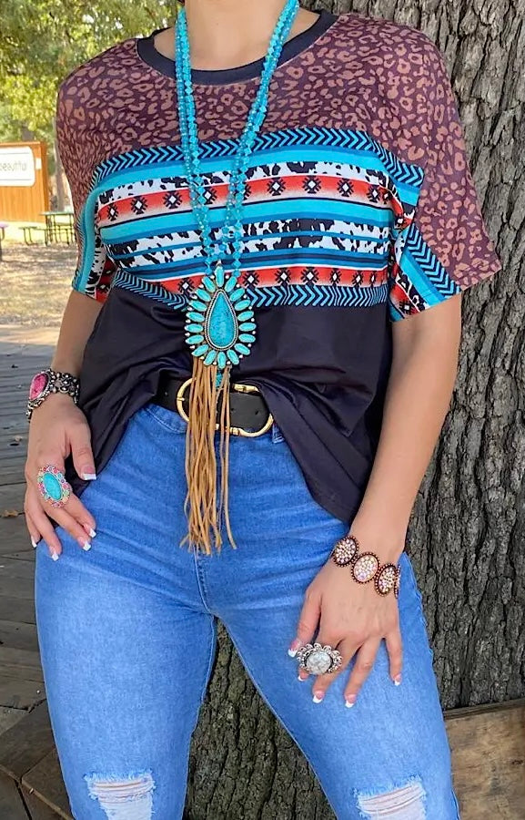 741 Black/Leopard and multi colored Aztec Top