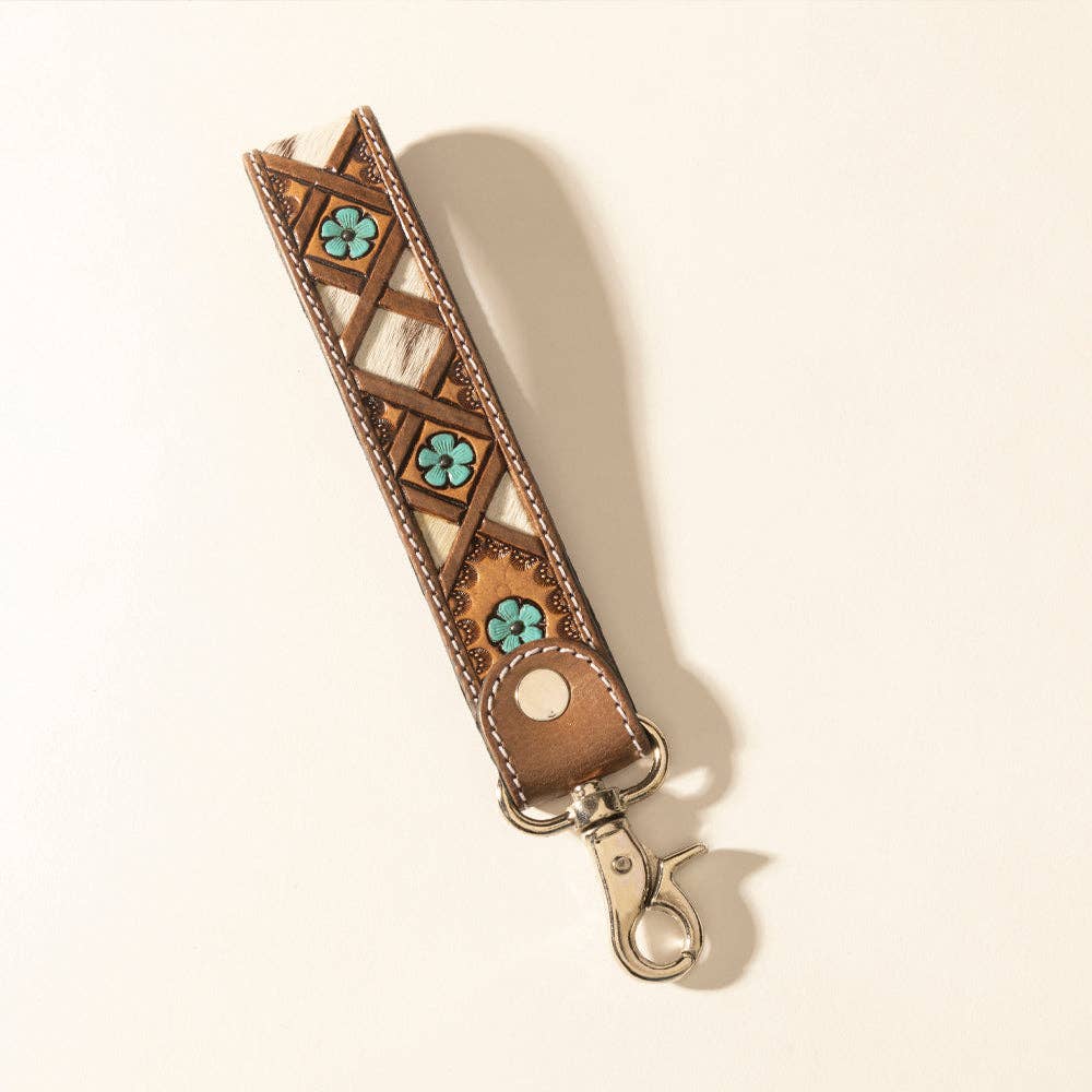 Myra Moonflower Handtooled Leather Keyfob in Sienna Sky