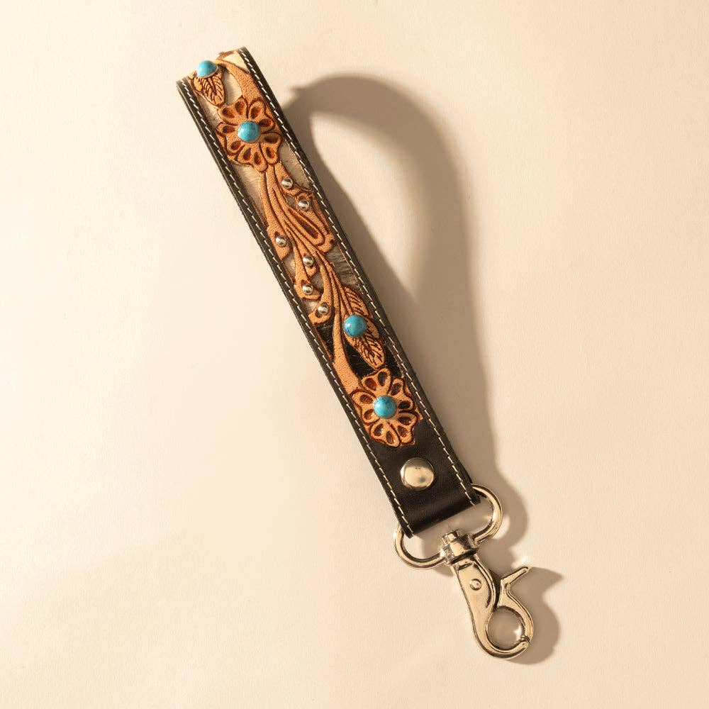 River Glen Handtooled Hairon Leather Key Fob in Espresso Turquoise