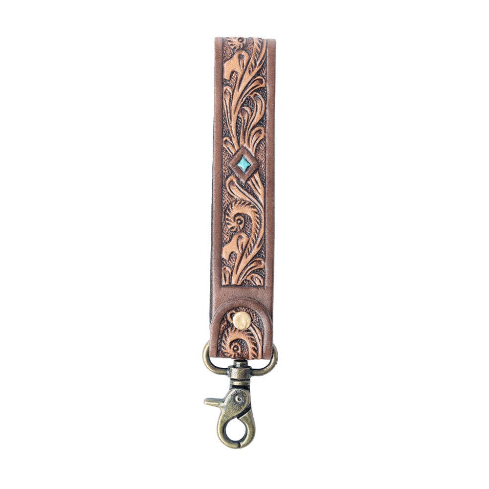 Spirit Stone Handtooled Leather Keyfob in Mahogany Brown