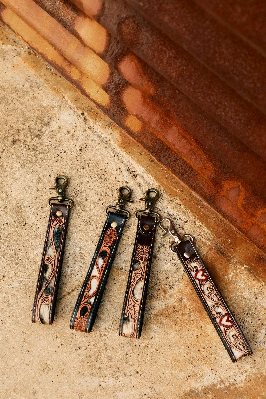 Wildvine Pony Western Handtooled Key Fob in dark brown with hairon detail