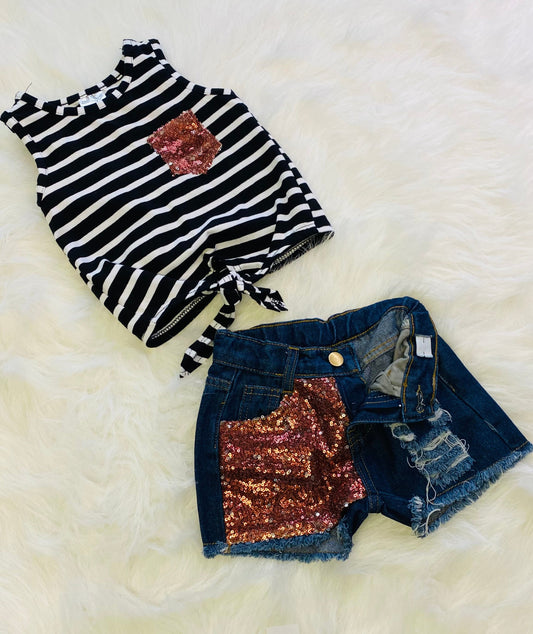 369-Black Striped short set