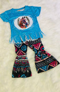 253-Blue Top with Horse head in Horseshoe with Black Aztec Pants