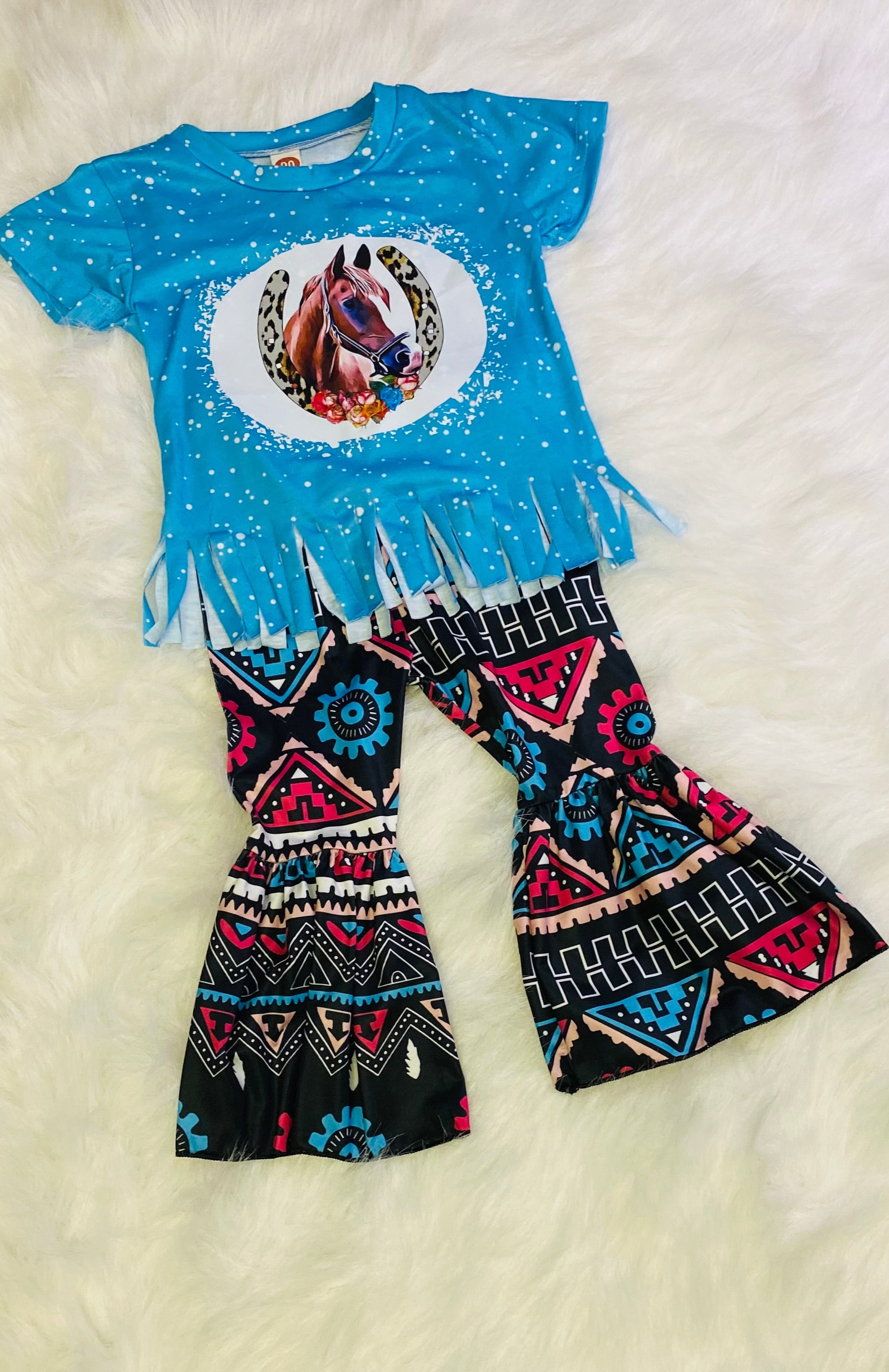 253-Blue Top with Horse head in Horseshoe with Black Aztec Pants