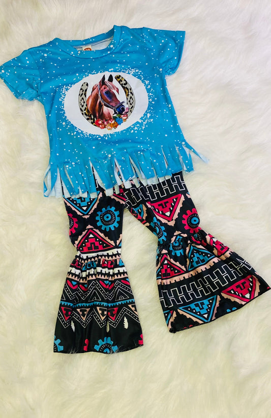 253-Blue Top with Horse head in Horseshoe with Black Aztec Pants