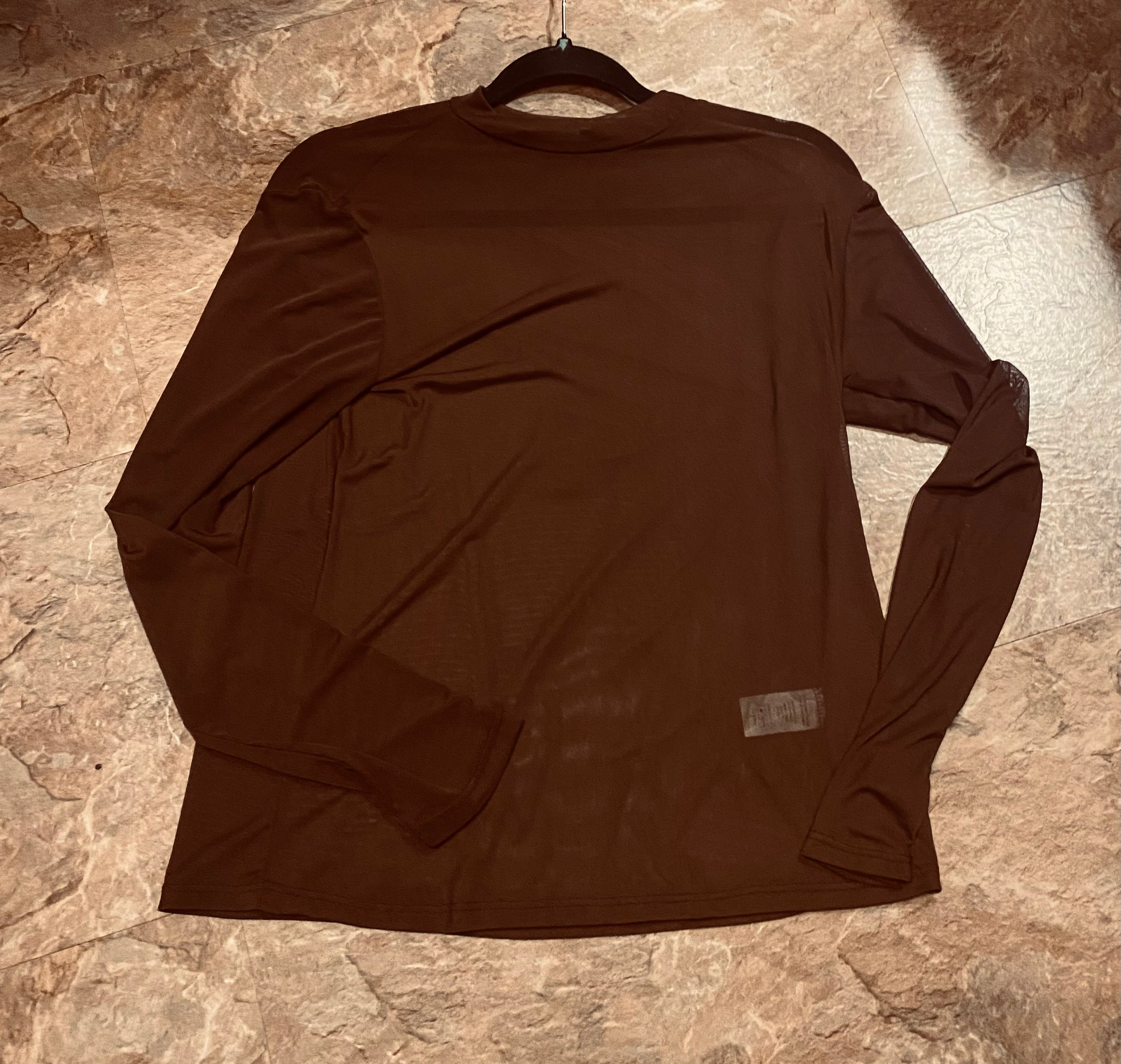 AV1230-GEMMA Brown Solid Mock Mesh Top
