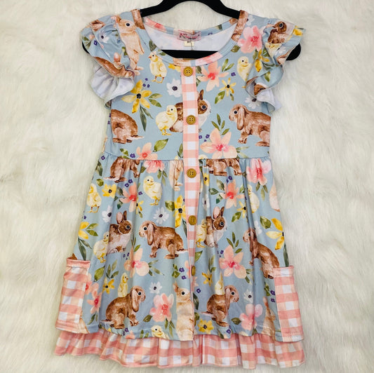Item 358-Blue Bunny/Chick Dress with Pale Pink trim