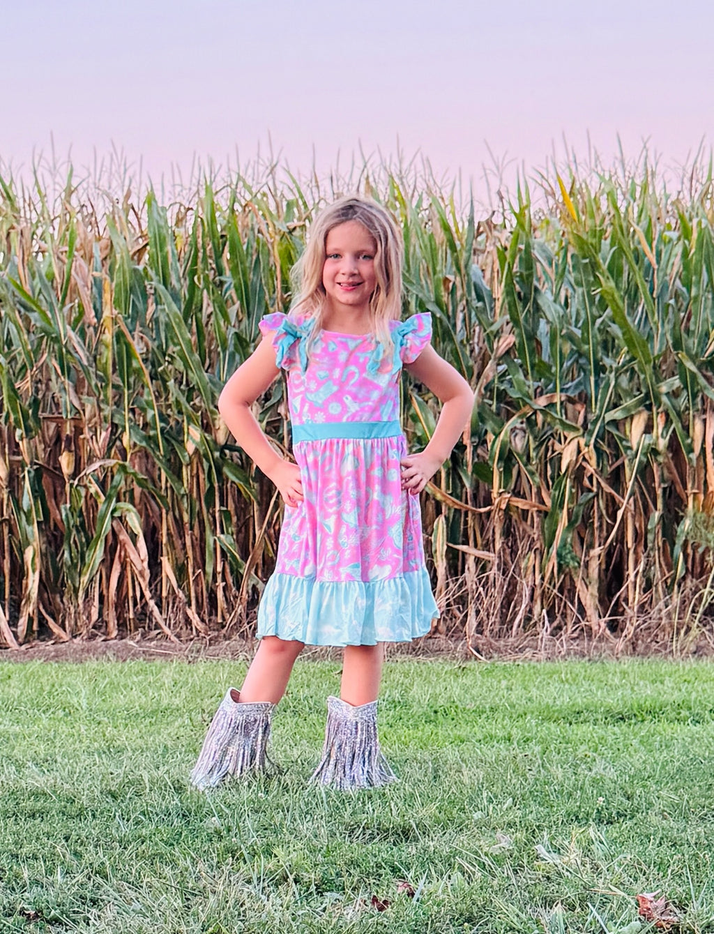 875 Turquoise Western Print Dress