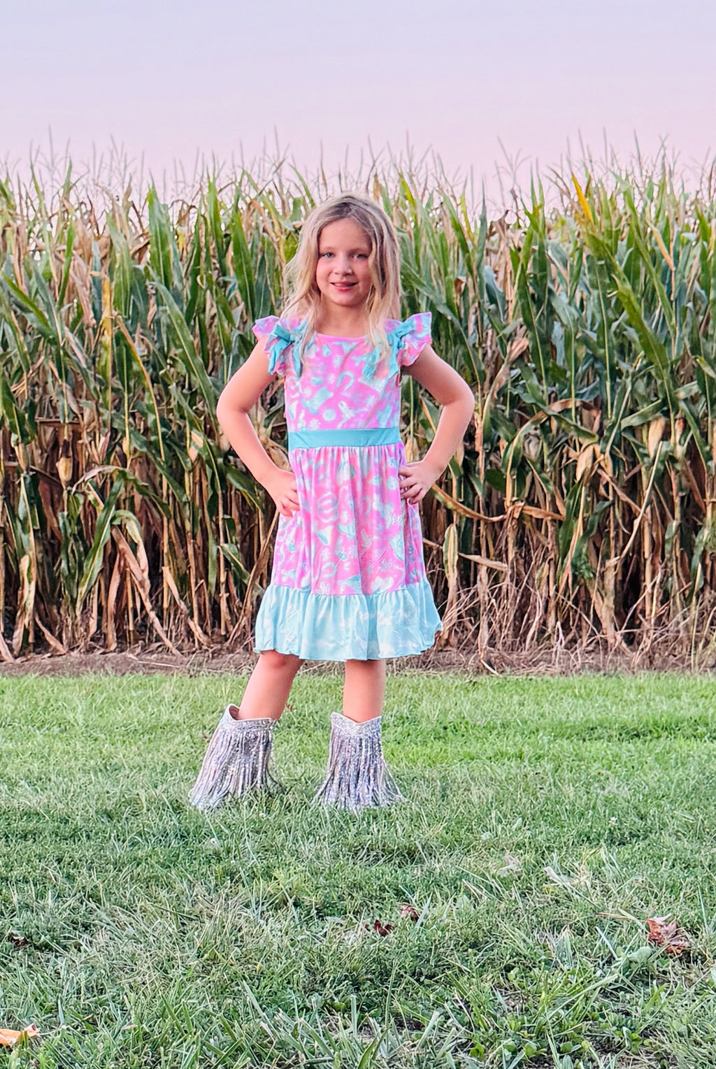 875 Turquoise Western Print Dress