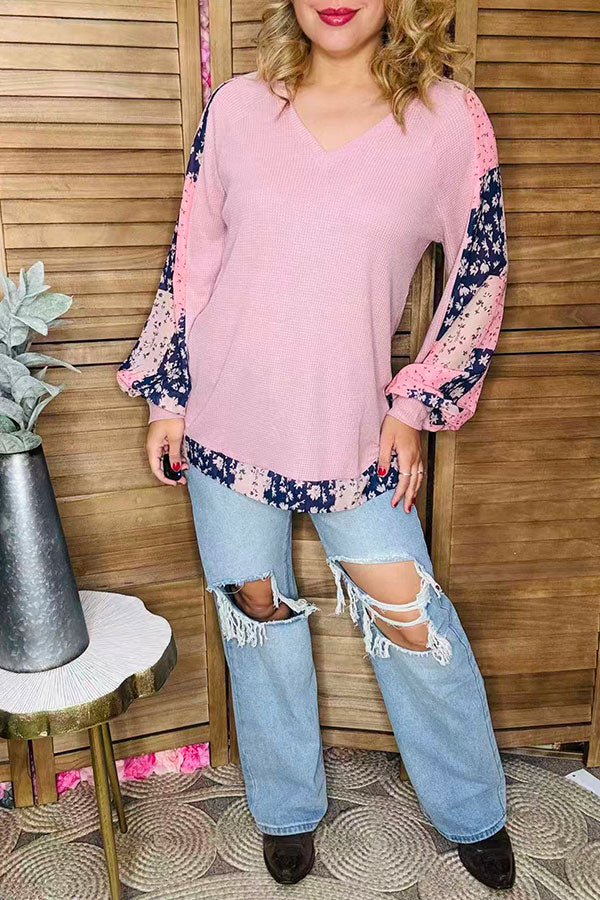 742 Pink Waffle Chiffon Floral Top