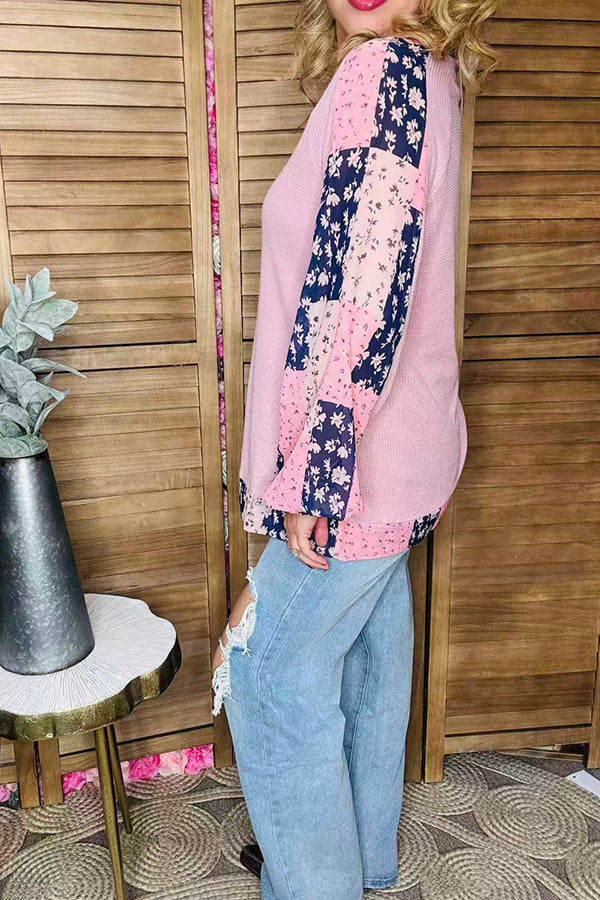 742 Pink Waffle Chiffon Floral Top