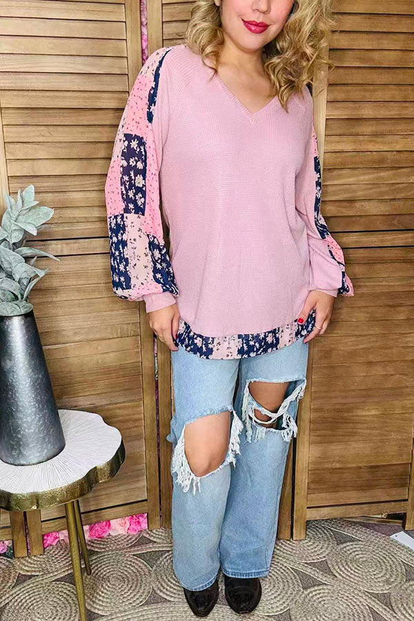 742 Pink Waffle Chiffon Floral Top