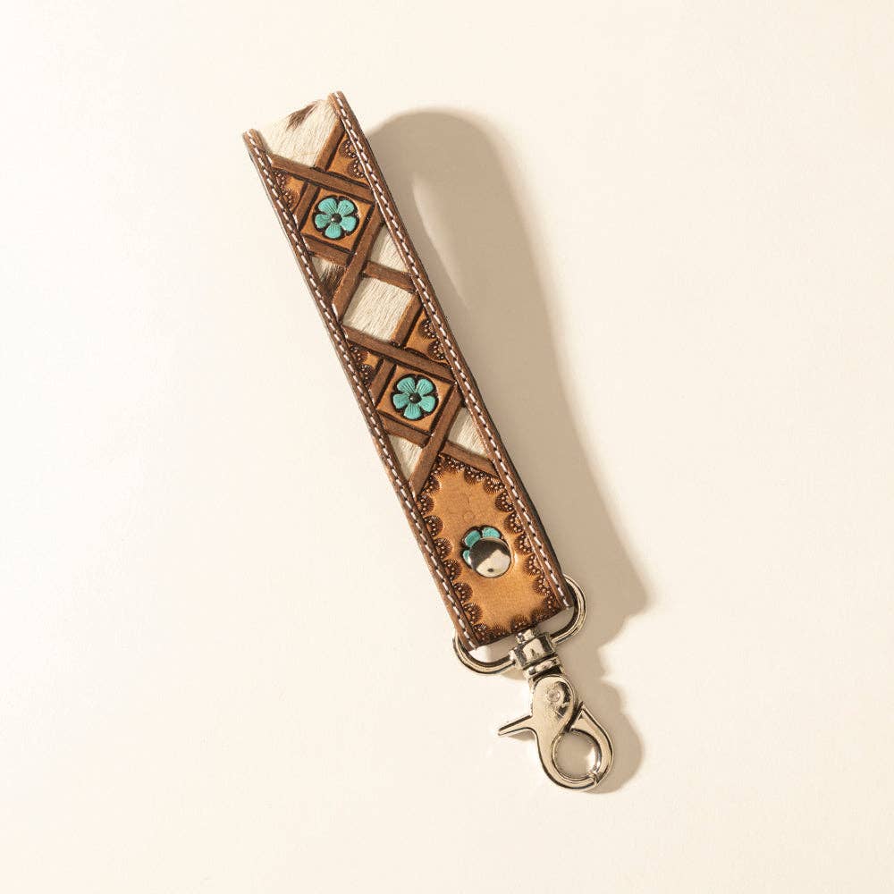 Myra Moonflower Handtooled Leather Keyfob in Sienna Sky
