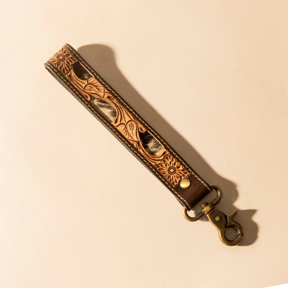 Wildvine Pony Western Handtooled Key Fob in dark brown with hairon detail